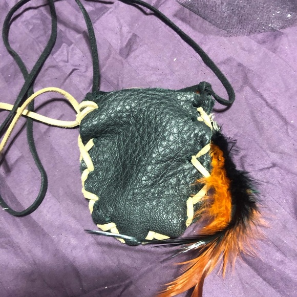 Black Leather Pouch with Orange Feather Accents - Picture 6 of 7
